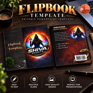 May include: A digital flipbook template for PowerPoint featuring a Shiva Sports theme. The cover displays a silhouette of Shiva with a trident and snake against a fiery circular background. The back cover includes text, a barcode, and a snake graphic.