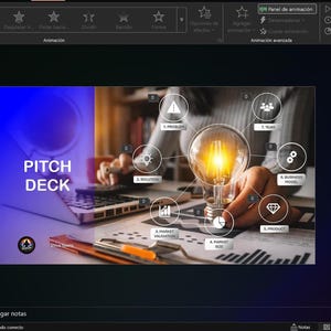 PowerPoint editing interface showing a pitch deck slide with animation panes and thumbnail sidebar.