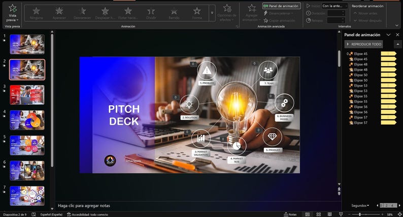 PowerPoint editing interface showing a pitch deck slide with animation panes and thumbnail sidebar.