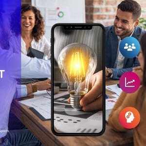 Presentation slide titled Our Product featuring a smartphone mockup displaying a lightbulb image.