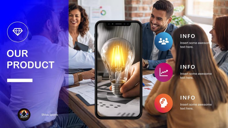Presentation slide titled Our Product featuring a smartphone mockup displaying a lightbulb image.