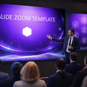 Op de afbeelding: Een man in een pak presenteert voor een groot scherm met de tekst "SLIDE ZOOM TEMPLATE" en een geometrisch ontwerp. Het scherm is paars met witte en blauwe accenten. Een publiek zit voor de presentator.