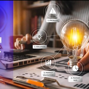 Presentation slide titled Pitch Deck with circular infographic points over a background of hands holding a lightbulb.