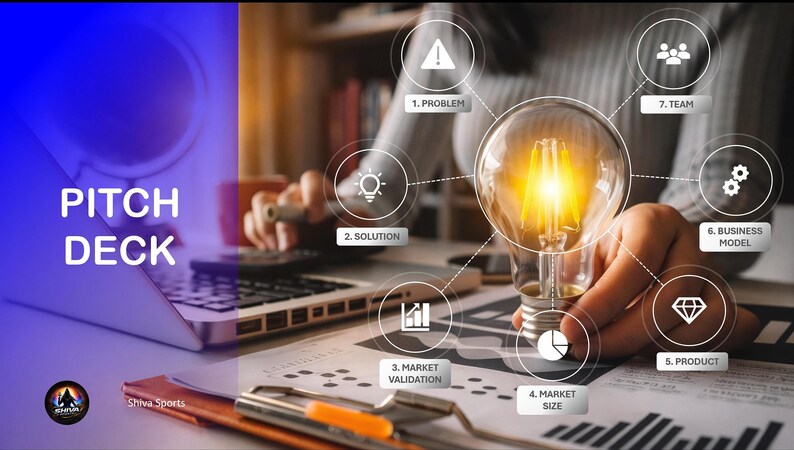 Presentation slide titled Pitch Deck with circular infographic points over a background of hands holding a lightbulb.