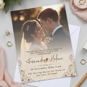 Puede incluir: Invitación de boda con foto de una pareja. Presenta detalles florales dorados y el texto "Fernando & Helene", además de los detalles del evento. También se ven anillos y flores.