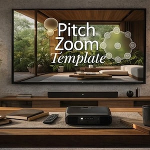 May include: A contemporary living room with a TV screen displaying "Pitch Zoom Template". A black projector is on a wooden table with books, a remote, and a mug. The room has a minimalist design with a plant and a floor lamp.