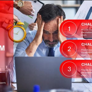 Presentation slide titled The Problem featuring a stressed person holding their head near a laptop and challenge list.