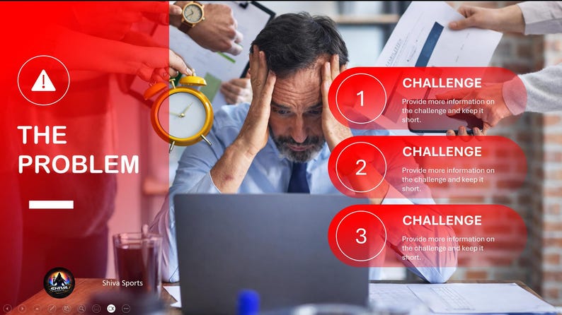 Presentation slide titled The Problem featuring a stressed person holding their head near a laptop and challenge list.