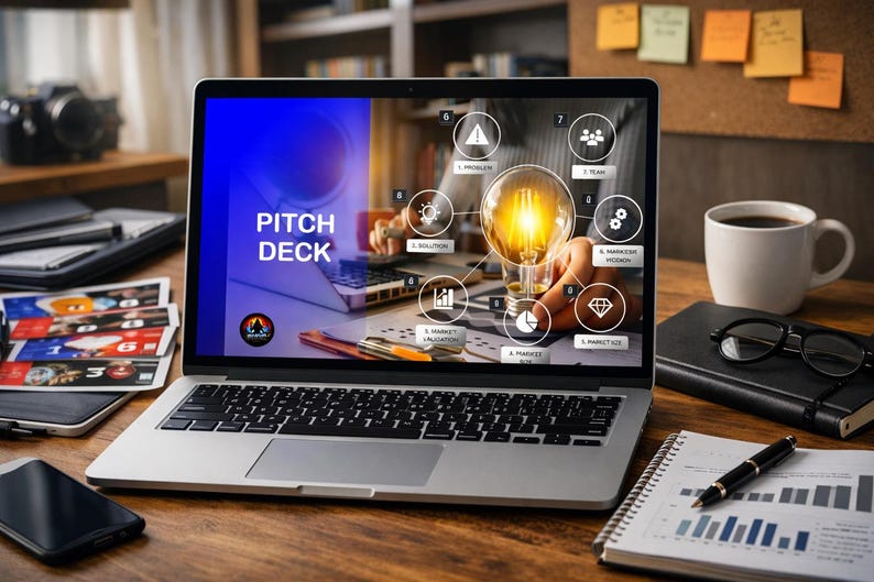 A laptop displays a pitch deck presentation with a lightbulb graphic over a desk with office supplies.