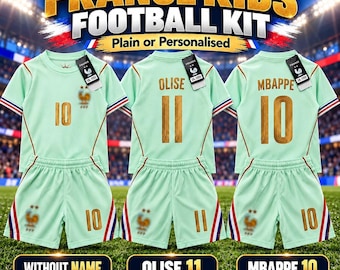May include: Three light green kids football kits featuring gold numbers and logos. The shirts and shorts display the text France Kids Football Kit, Plain or Personalised, Without Name, Olise 11, and Mbappe 10. Each set includes a jersey and shorts.