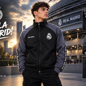 Real Madrid Jacket, Black and Grey Soccer Track with Full-Zip Front