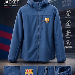 FC Barcelona Jacket, Blue Softshell with Hood and Official Club Crest