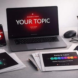 Puede incluir: Un espacio de trabajo con un portátil que muestra "YOUR TOPIC", un smartphone y documentos impresos. Accesorios: ratón, gafas, bolígrafos y un portalápices. Tema: investigación y presentación.