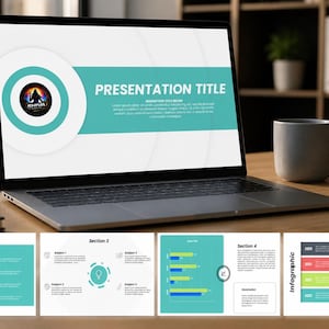May include: A laptop displaying a presentation template with a teal and white color scheme, featuring the text PRESENTATION TITLE and a circular logo with the word SHIVA. Below the laptop are four smaller slides showing charts and infographics.