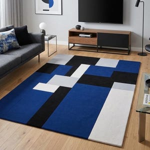 Carpette bleu géométrique moderne, moquette en patchwork, gris noir marine, capitonnage luxueux à la main
