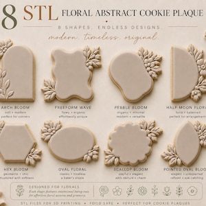 Puede incluir: Un conjunto de 8 formas de placas para galletas florales abstractas STL, incluyendo arco, onda, guijarro, media luna, hexágono, óvalo, festón y óvalo puntiagudo. Cada placa beige presenta detalles florales en relieve y etiquetas de texto.