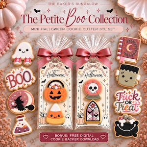 May include: Two clear plastic bags with pink bows containing Halloween-themed cookies, surrounded by loose cookies shaped like a ghost, pumpkin, witch, potion, book, Frankenstein, and cauldron. Text reads The Petite Boo Collection.