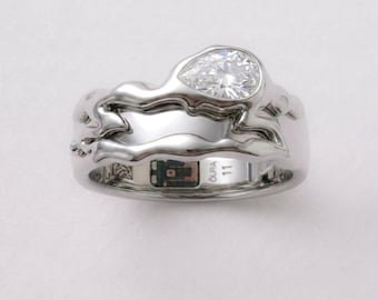 Oura Ringskydd Silver Päronslipad Moissanit Flytande Metall Vågig Stapling Smarta Smycken Organisk Abstrakt