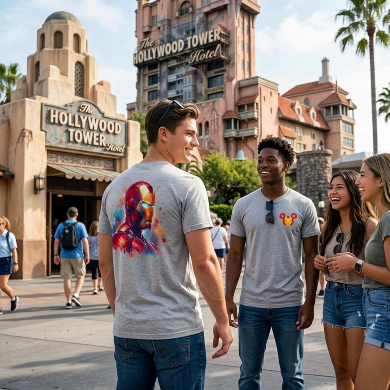 Puede incluir: Un grupo de personas con camisetas grises con gr&aacute;ficos coloridos de superh&eacute;roes frente al Hollywood Tower Hotel. Las camisetas presentan dise&ntilde;os de Iron Man y Mickey Mouse. El fondo incluye la fachada del hotel y palmeras.
