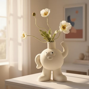May include: A quirky cream-coloured ceramic vase with a cartoon-like design, featuring a round body, legs, and arms. The vase holds white flowers with yellow centres and green leaves. The vase is on a white table in a well-lit room.