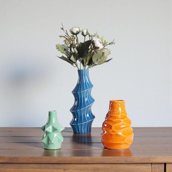 Modern Ceramic Vase Set of 3, Colourful Geometric Flower Holders & Origami Art Pottery, Unique Housewarming Gift for Colourful Home Decor