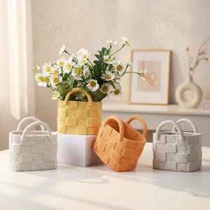 Keramisk korgvas och flätad blomkruka med handtag, modern lantlig inredning, unik kruka för bordsdekoration, inflyttningspresent