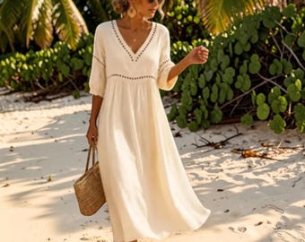 Boho-Midikleid mit V-Ausschnitt für Damen, locker geschnittenes A-Linien-Tunikakleid, Strandkleid mit Cut-Outs, lässiges Sommerurlaubskleid