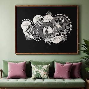 Mandala Woman Wall Art, Black White Line Art Print, Celestial Illustration, Boho Printable Decor, Digital Download
