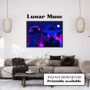 Peut inclure: Une affiche encadrée intitulée "Lunar Muse" représente deux figures bleues et violettes portant des chapeaux sur fond de ciel étoilé. L'œuvre est disponible en téléchargement instantané, avec le texte "Printable available" affiché.