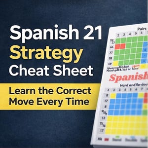 May include: A Spanish 21 Strategy Cheat Sheet with the text "Learn the Correct Move Every Time." The sheet features a color-coded grid with numbers and instructions for playing the card game. The title "Spanish 21" is prominently displayed.