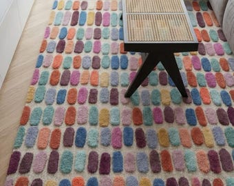 High low Pebble Multicolor Handtufted Wool Rug, Modern Carpet for Living Room Bedroom, Minimalist Area Handmade Carpet