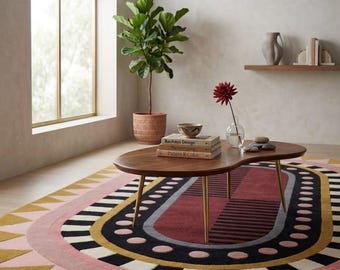 Hand Tufted Oval Pink Yellow color Wool Area Rug, Luxury Modern Living Room Bedroom, Dining Area Handmade Carpet