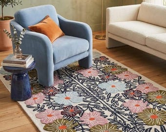 High Low Hand Tufted loop pile Floral pattern Wool Area Rug, Modern Rug Living Room Bedroom, kids Room