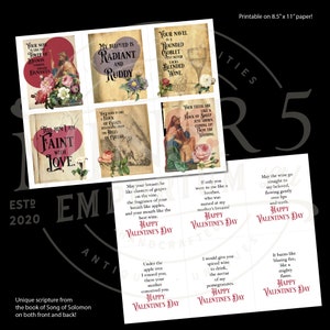 Puede incluir: Tarjetas imprimibles del D&iacute;a de San Valent&iacute;n con ilustraciones vintage y citas rom&aacute;nticas del Cantar de los Cantares. Cada tarjeta tiene un dise&ntilde;o &uacute;nico con detalles florales y caligraf&iacute;a. Las tarjetas est&aacute;n dise&ntilde;adas para imprimirse en papel de tama&ntilde;o A4 (21 x 29,7 cm).