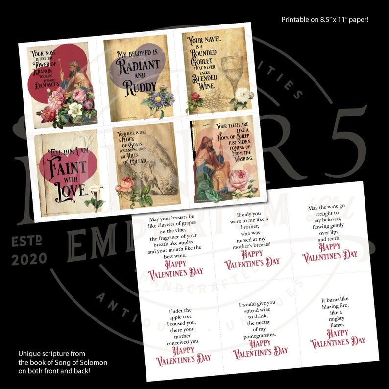Puede incluir: Tarjetas imprimibles del D&iacute;a de San Valent&iacute;n con ilustraciones vintage y citas rom&aacute;nticas del Cantar de los Cantares. Cada tarjeta tiene un dise&ntilde;o &uacute;nico con detalles florales y caligraf&iacute;a. Las tarjetas est&aacute;n dise&ntilde;adas para imprimirse en papel de tama&ntilde;o A4 (21 x 29,7 cm).