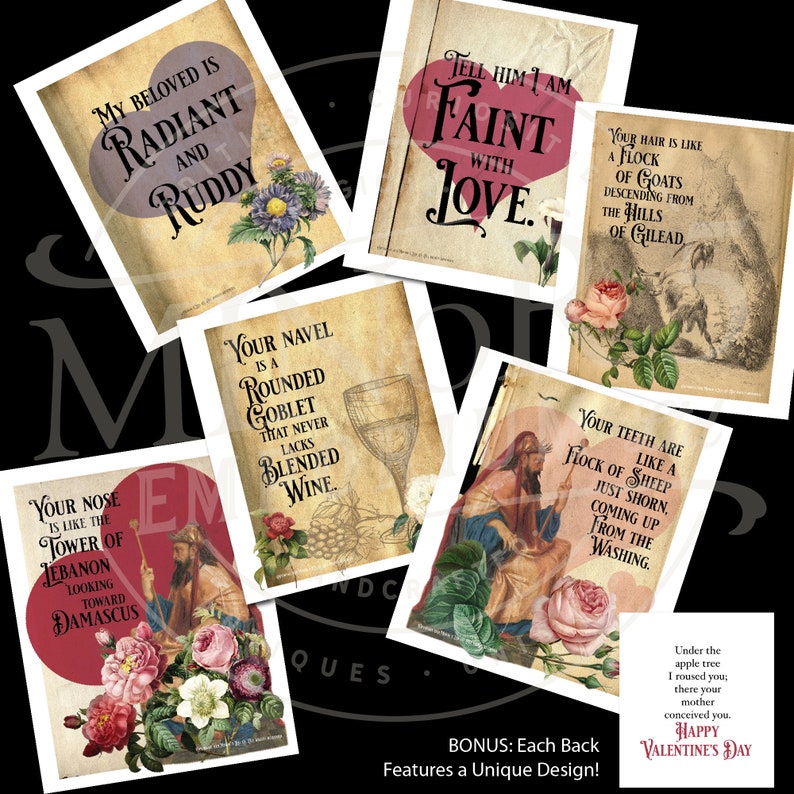 Puede incluir: Una colecci&oacute;n de tarjetas de San Valent&iacute;n de estilo vintage con citas rom&aacute;nticas e ilustraciones florales. Cada tarjeta presenta texto e im&aacute;genes &uacute;nicos, incluyendo un coraz&oacute;n, flores y vers&iacute;culos b&iacute;blicos. Las tarjetas tienen una apariencia envejecida.
