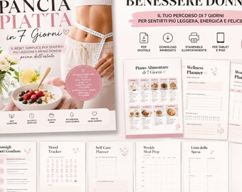 Women's Wellness Planner PDF | Flat Stomach in 7 Days | Digital Wellness Planner | Meal Prep | Self-Care | Fitness Tracker