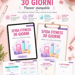Può includere: Un planner fitness con la scritta "SFIDA FITNESS 30 GIORNI" in rosa e bianco. Il planner include un tablet, pagine stampate e illustrazioni di attrezzature per l'allenamento. Il tema generale è il fitness e gli allenamenti a casa.