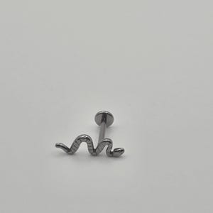 May include: A silver-colored lip piercing featuring a snake design. The piercing has a flat disc on one end and a curved snake shape on the other. The snake is detailed with etched lines.