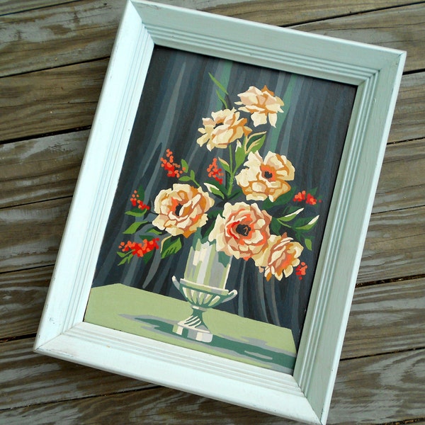 Paint by Number Still Life of roses, framed and ready to hang, painting for cottage decor, pink and mauve roses
