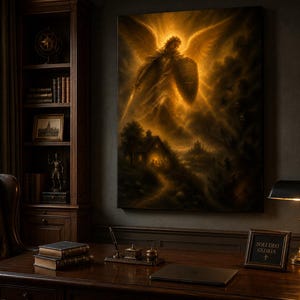 Peut inclure: Une impression murale rectangulaire représentant une figure ailée lumineuse tenant un bouclier au-dessus d'un paysage sombre avec une petite maison et un château lointain. L'œuvre est exposée dans un bureau sombre avec un bureau, une lampe et des livres.