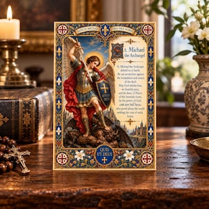 May include: A rectangular religious plaque featuring an illustration of St. Michael the Archangel in armour with a sword and shield, standing over a dark figure. The text reads St. Michael the Archangel, Sancte Michael Ora Pro Nobis, and Quis Ut Deus.