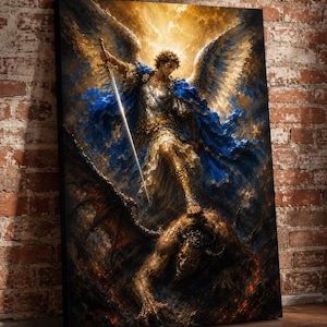 May include: A rectangular canvas print depicting a winged figure in silver armour and a flowing blue cloak, holding a long sword and standing over a dark, horned creature. The scene features golden light, deep shadows, and textured brushwork.