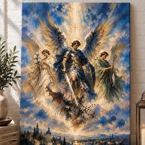 May include: A rectangular canvas print depicting three winged figures in a sky above a landscape. The central figure wears armour, holds a sword and shield, and stands over a dark creature. Flanking figures hold lilies and a staff with a fish.