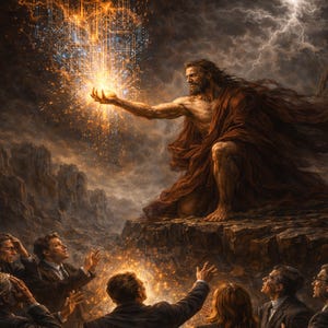 Może przedstawiać: Cyfrowe dzieło sztuki przedstawiające mężczyznę w czerwonej szacie trzymającego świecącą kulę światła z wzorem obwodu drukowanego. Poniżej grupa osób w garniturach patrzy w górę z podziwem. Tło przedstawia burzliwe niebo i skalisty teren.