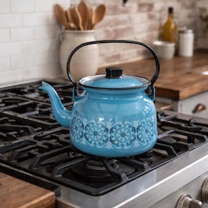 May include: A light blue enamel kettle with a black handle and lid, decorated with a repeating white and blue pattern. The kettle is on a black gas hob. Kitchenware.