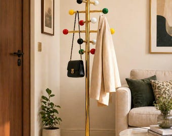 Handmade Brass Coat Stand – Marble Base, Colorful Ball Hooks, Modern Rack