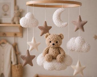 Teddybär auf Boucle Wolke Kinderzimmer Baby Mobile, Neutral Kinderzimmer Mobile, Sterne Baby Krippe Mobile, Wolken Mobile, Minimalist Kinderzimmer Mobile