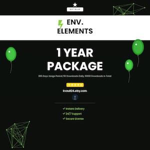 May include: A black graphic with the text "ENV. ELEMENTS" and "1 YEAR PACKAGE". The image includes green balloons, a star, and the Etsy shop URL. It also highlights "Instant Delivery", "24/7 Support", and a "Secure License".