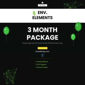 May include: A graphic with the text "ENV. ELEMENTS" and "3 MONTH PACKAGE" on a black background. The graphic includes green balloons, a star, and the Etsy shop URL. The text also includes "90 Days Usage Period, 50 Downloads Daily, 2500 Downloads in Total."